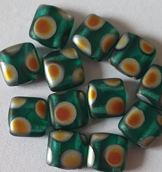 2-Loch Perle Quadrat 6mm Emerald Peacock Frost