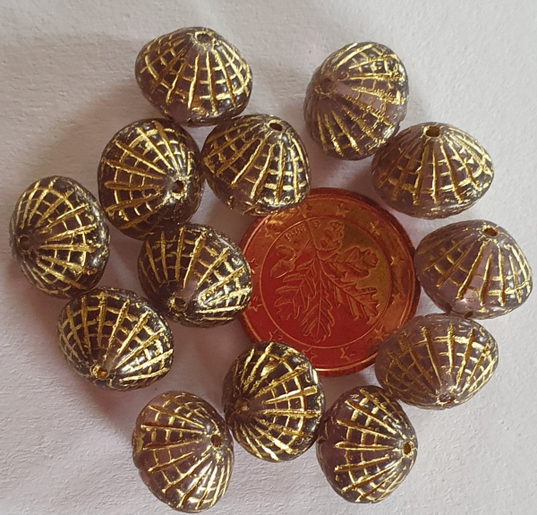 Glasperle bicone, Flieder/Gold  12 St.