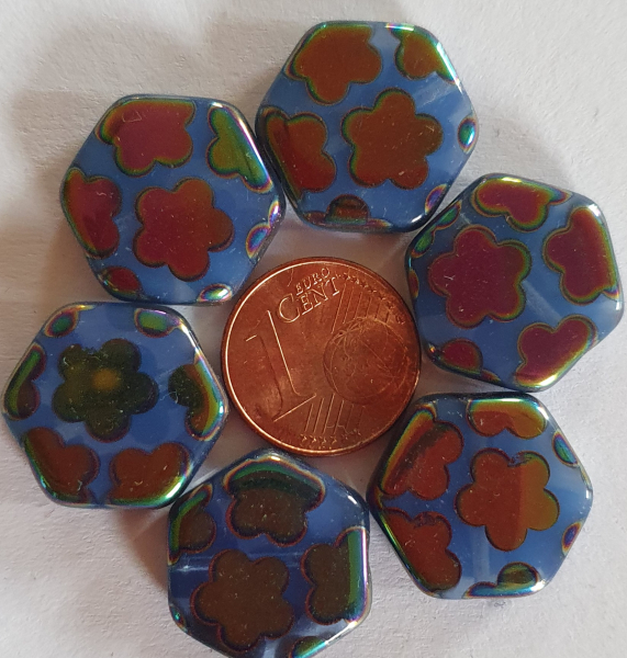 Glasperle, 6-eck, Lüster, Blumen, ca 18mm 2St.